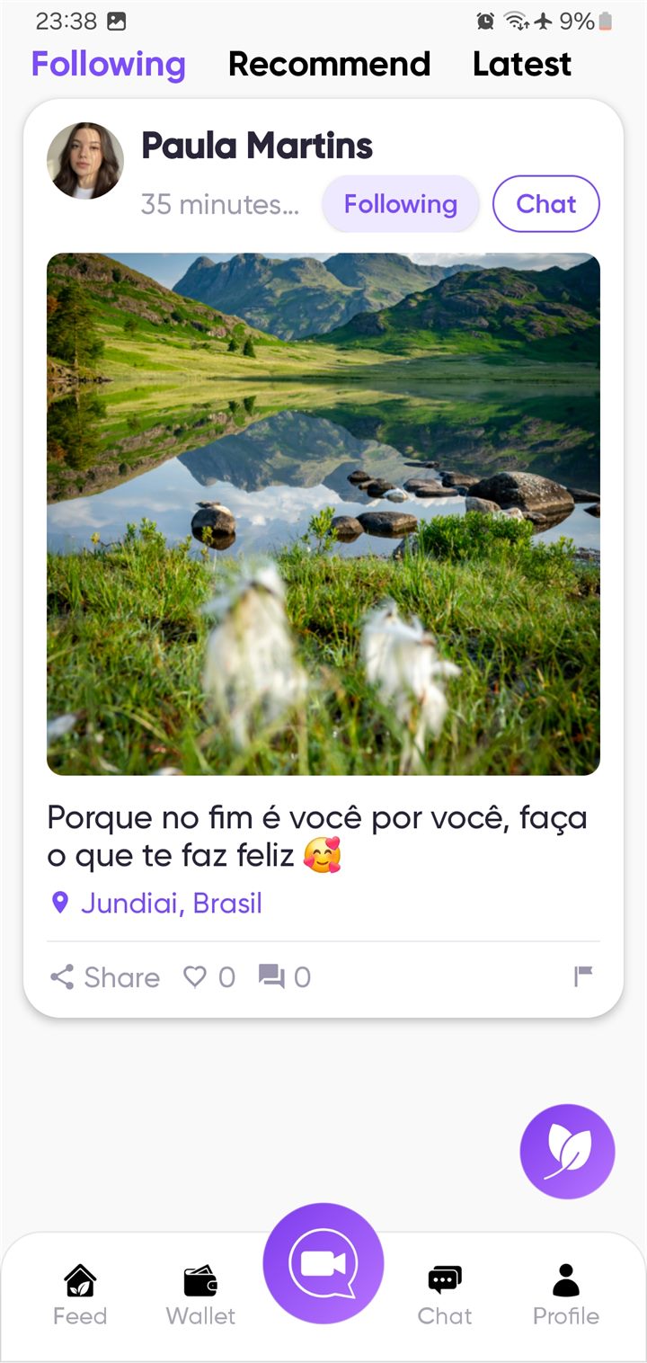 Tela do feed social do Fluup com post publicado