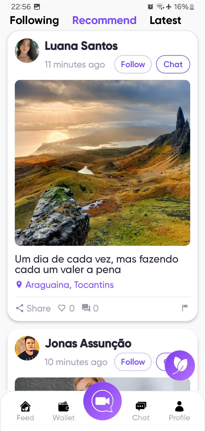 Tela do feed social recomendando novos posts e perfis